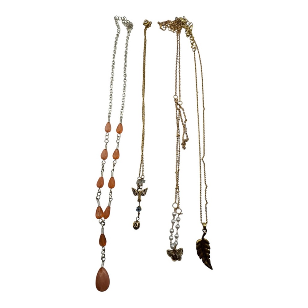 Lot of 4 Vintage Style Necklaces – Butterfly, Leaf, SP Tag, Mixed‎ Metals